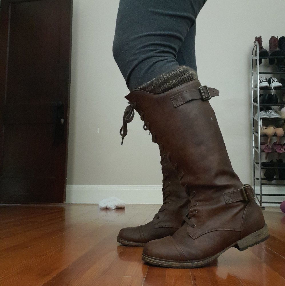 Tall Lace Up Brown Boots, Wide Calf, size 11